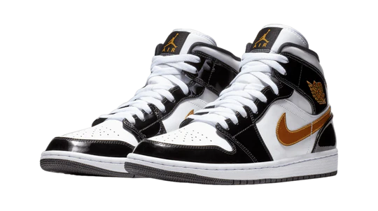 Air Jordan 1 Mid Patent Black White Gold