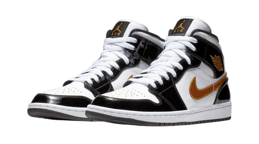 Air Jordan 1 Mid Patent Black White Gold