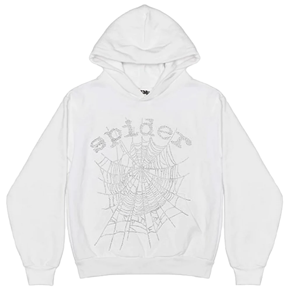 Sp5der OG Rhinestone Logo Hoodie White