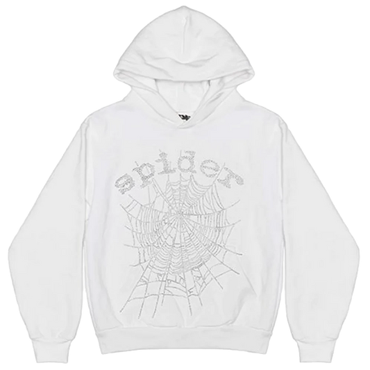 Sp5der OG Rhinestone Logo Hoodie White