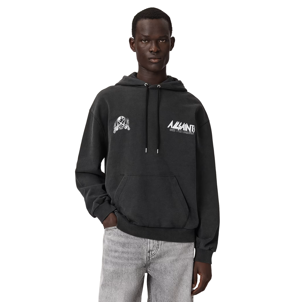 ALLSAINTS Chromium Hoodie Washed Black - vista frontal