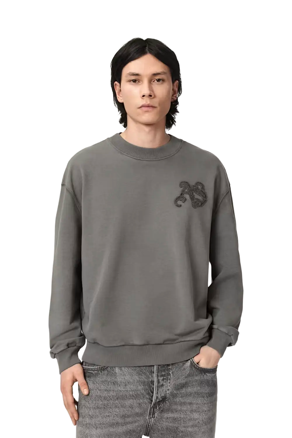 ALLSAINTS Insignia Crew Neck Cotton Sweatshirt Washed Black