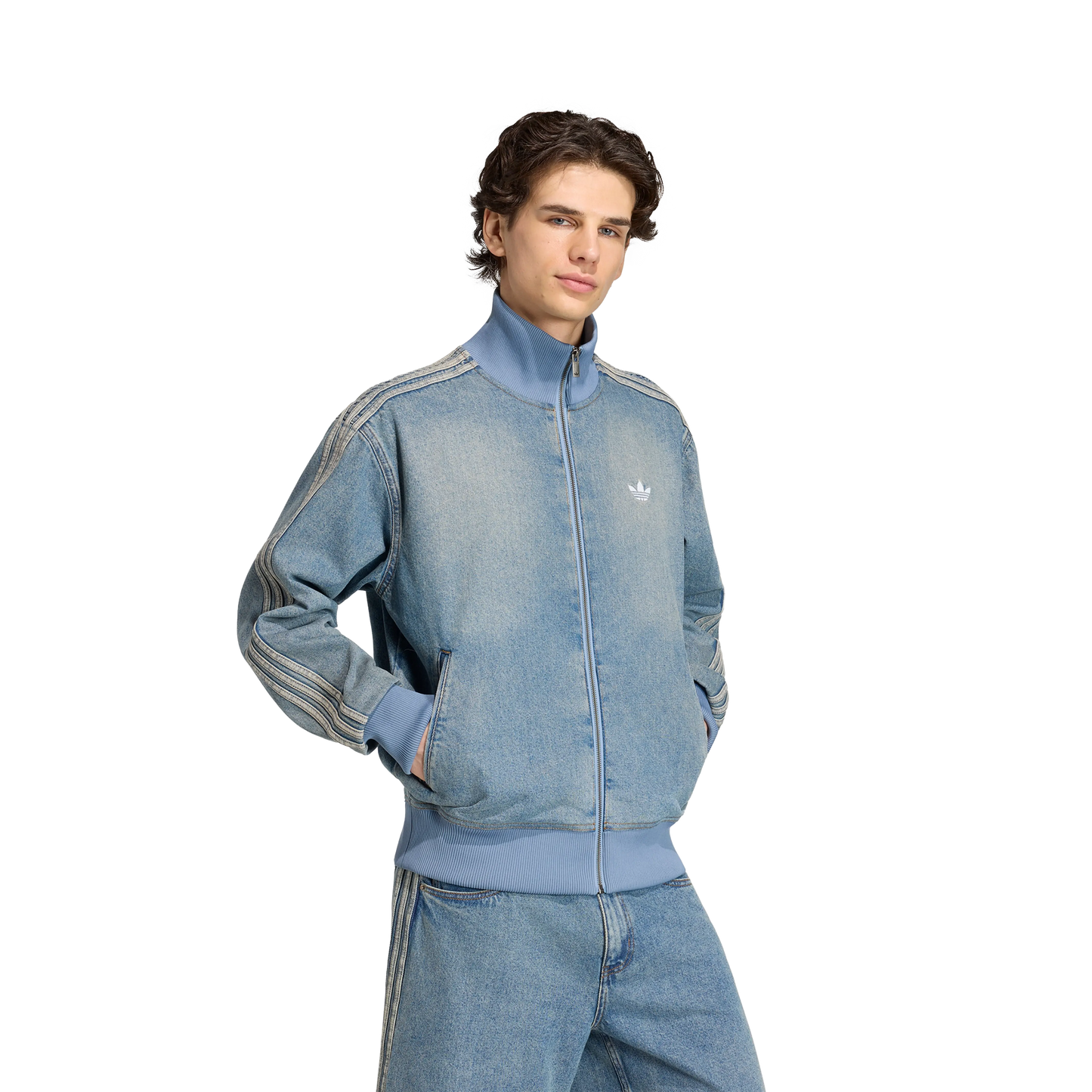 Adidas Denim Firebird Track Top Worn Blue